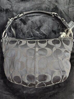 Coach Black Signature C Hobo Shoulder Bag Canvas Patent Leather Trim Charm